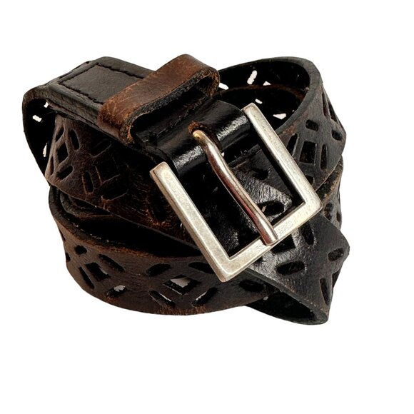 Vintage Brown Leather Belt With Cut-Out Design & Metal Buckle 42in long - Picture 2 of 8